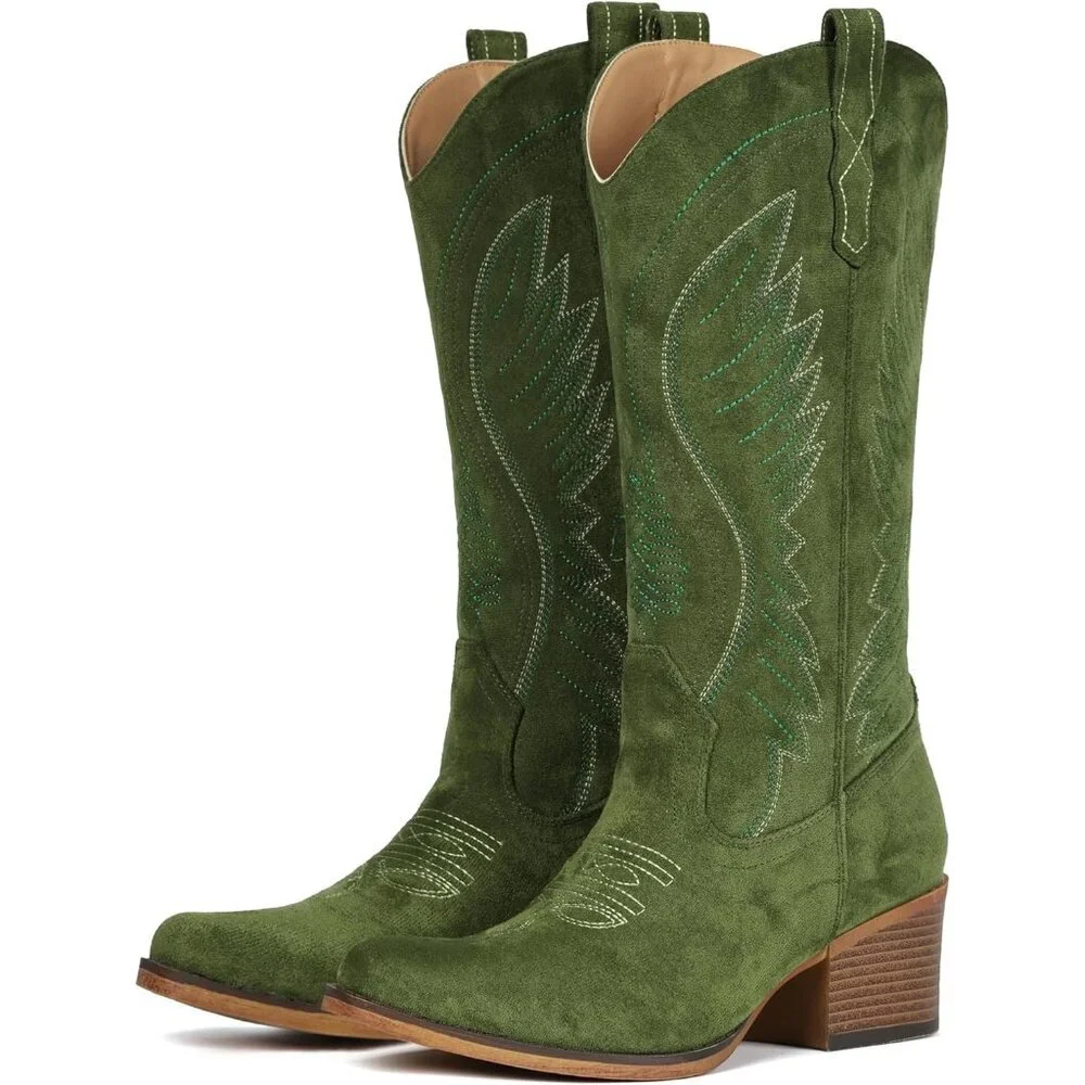 Women's Green Mid Calf Embroidery Cowgirl Boots Retro Snip Toe Western Boot